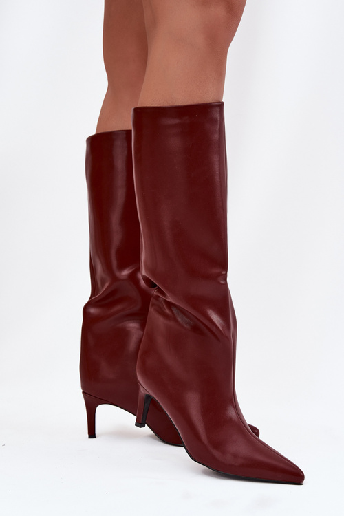 Жіночі чоботи на липучці з утепленням на каблуці бордово-оливковий