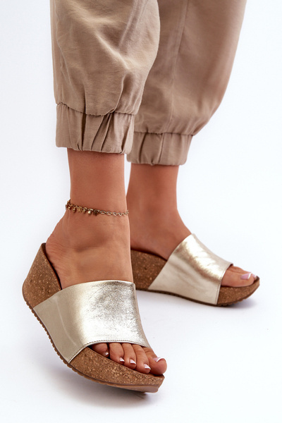 Zazoo 40289 Шкіряні жіночі сабо на пробковій танкетці, золото