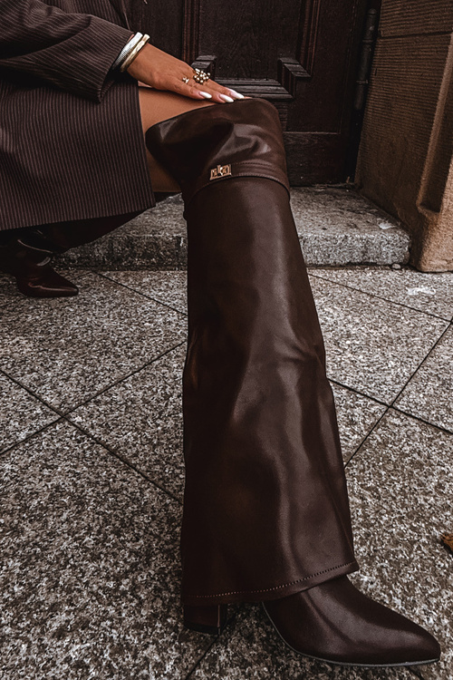 Теплі чоботи з підвернутим верхом над коліном каблук блок коричневі Serelle