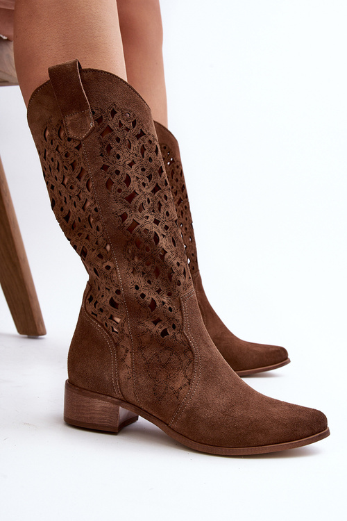 Ажурні жіночі чоботи Zazoo 3403 на низькому каблуці коричневі