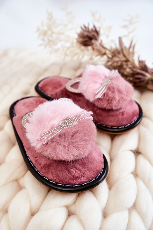 Дитячі тапочки з кошеням і стразами Темно-рожеві Carliss