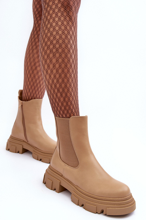 Шкіряні ботильйони на плоскій каблуці та платформі бежеві соліти