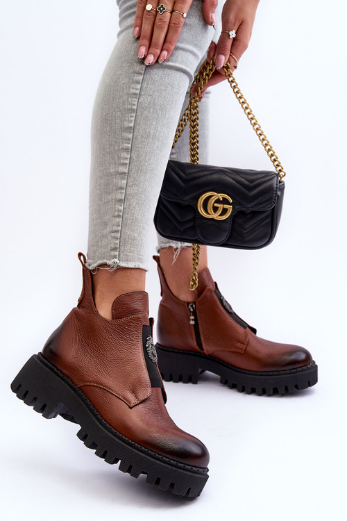 Жіночі шкіряні чоботи з орнаментом коричневі Lusanna