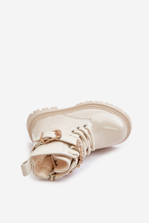 Дівчачі лаковані чоботи утеплені з декоративним ремінцем Gilian бежеві