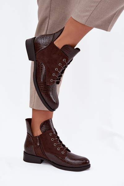 Лаковані жіночі черевики з декоративним тисненням теплі Vinceza 16477 коричневі