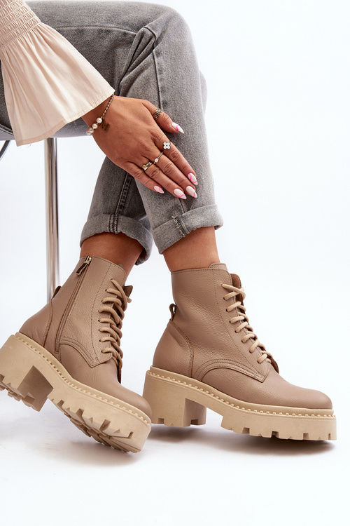 Бежеві шкіряні жіночі ботильйони Zazoo 3413 на масивному каблуці