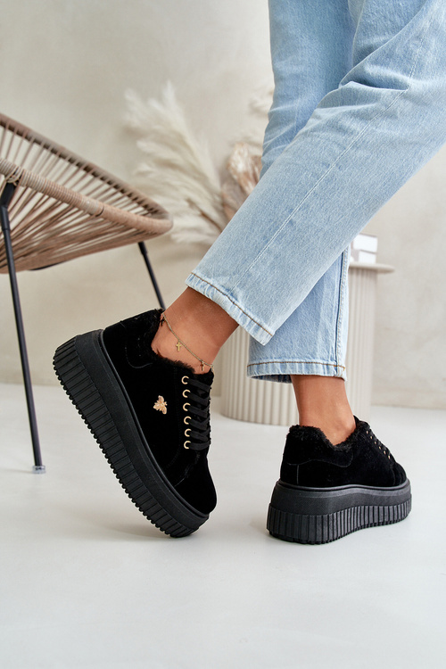 Жіночі утеплені кросівки на масивній підошві з золотистими деталями Чорна лотира