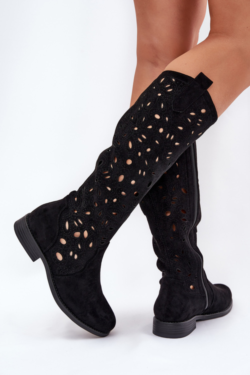 Перфораційні Чоботи На Плоскому Каблуку Чорні HY51-176