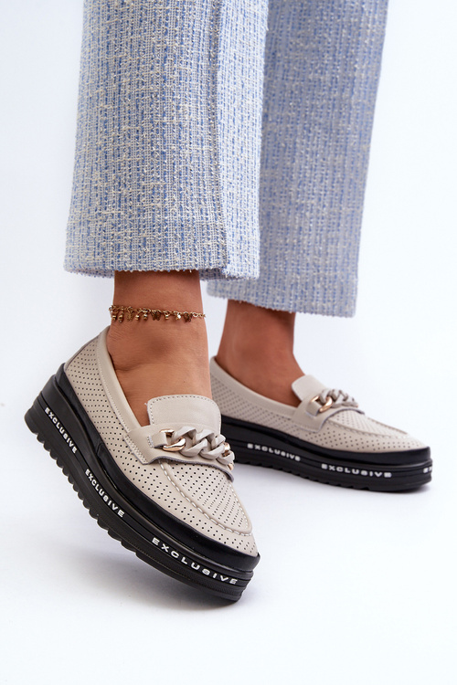 Жіночі шкіряні лофери на платформі з ланцюжком S.Barski LR618 Бежеві