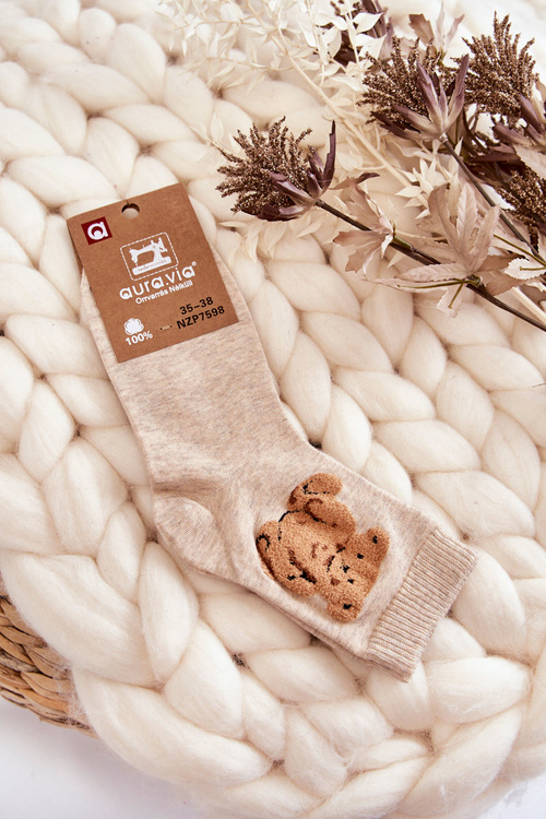 Жіночі класичні бавовняні шкарпетки з ведмедиком Бежеві