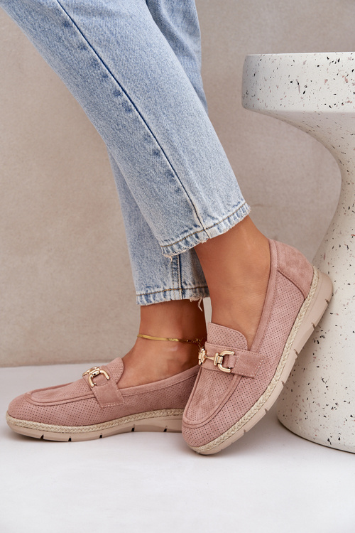 Перфоровані мокасини з золотим акцентом та джутовим плетенням рожеві Lainer