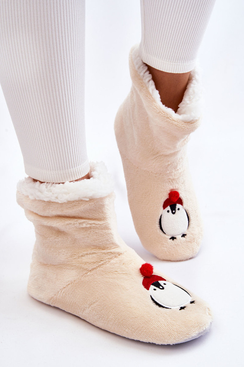 Жіночі тапочки Теплі тапочки з пінгвінами Бежеві