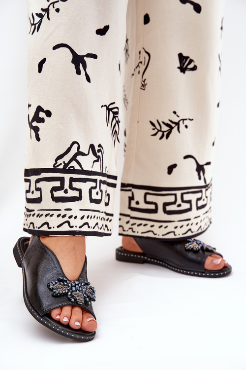 Блискучі Жіночі Сандалі З Декорацією Плоскі Чорні Russona