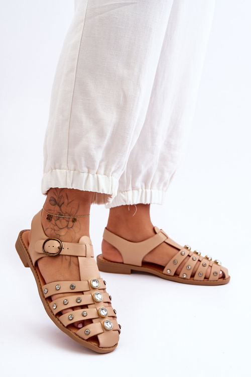 Жіночі босоніжки на плоскій підошві з цирконами бежеві Ascot