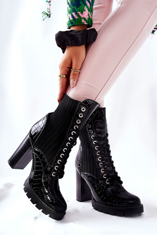 Жіночі чоботи на високому каблуці з крокодиловим малюнком Чорні Erdogan