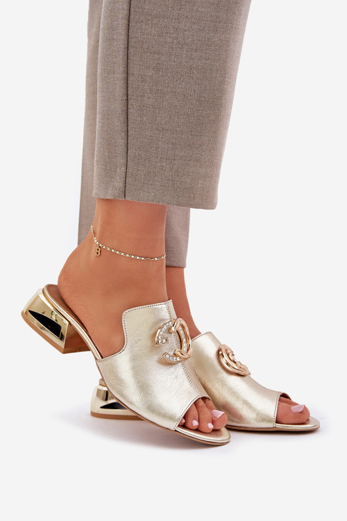 Шкіряні Елегантні Жіночі Сандалі На Низькому Каблуці Лаура Мессі 2874 Золоті