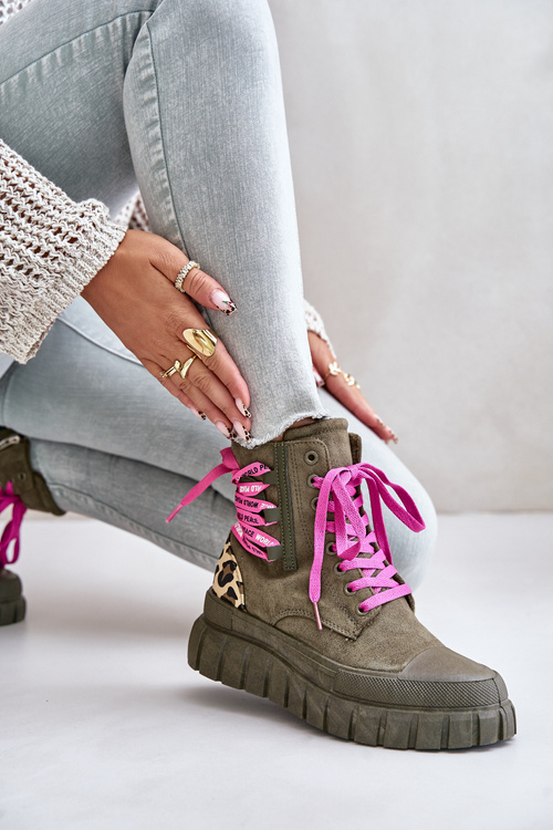 Чоботи жіночі на платформі з декоративною шнурівкою Leopard Green Edidda