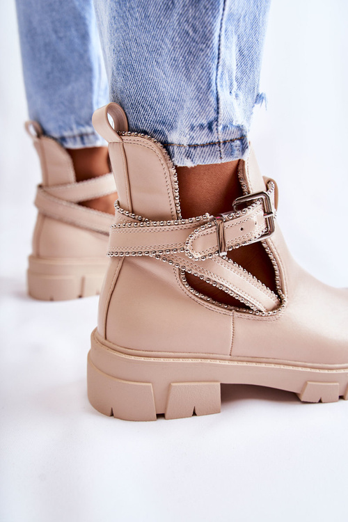 Жіночі шкіряні чоботи на шпильці, бежевий бордюр