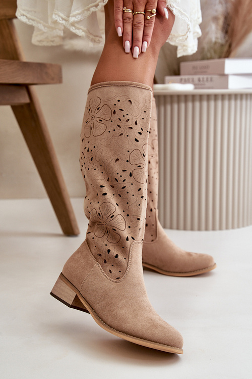 Жіночі еко-замшеві черевики на низьких підборах і блискавці Темно-бежеві орхідеї