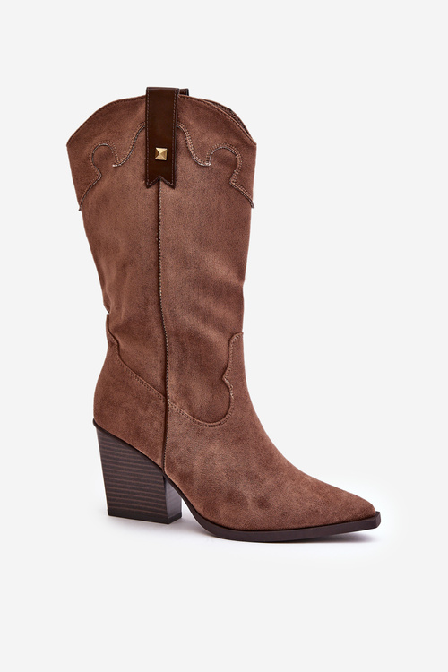 Утеплені ковбойські чоботи на каблуці з еко-замші коричневого кольору Hanivin