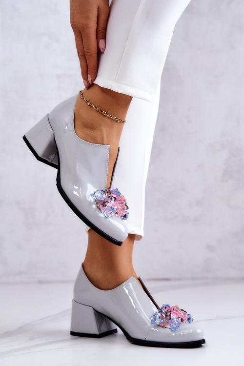 Лаковані шкіряні гладкі туфлі з декором сірий Delaver