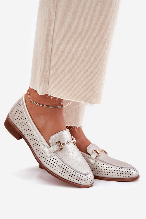 Шкіряні Жіночі Мокасини З Декором На Плоскому Каблуці S.Barski LR51-594 Сріблясті