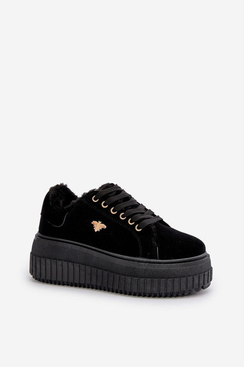 Жіночі утеплені кросівки на масивній підошві з золотистими деталями Чорна лотира
