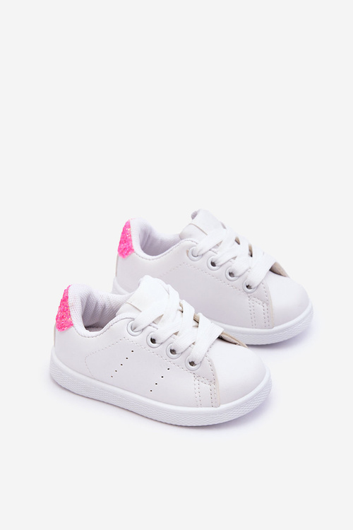 Дитяче спортивне взуття білого та неоново-рожевого глянцевого кольору