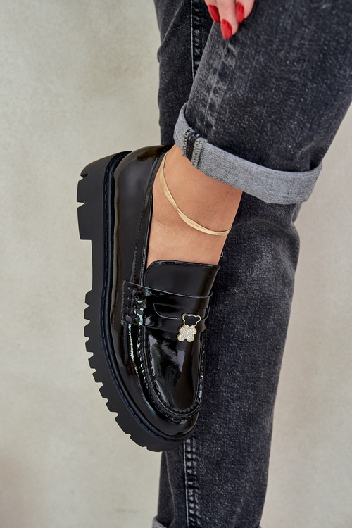 Лаковані Жіночі Мокасини З Ведмедиком Чорні Wulinea