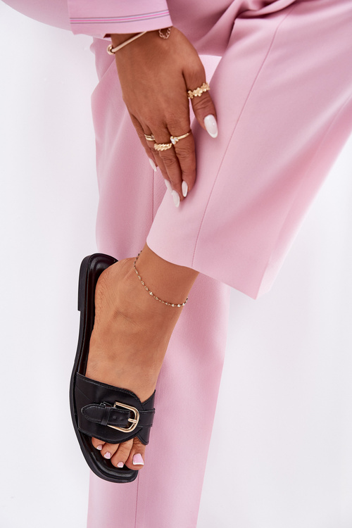 Плоскі Жіночі Сандалі З Золотою Пряжкою Чорні Esiobb