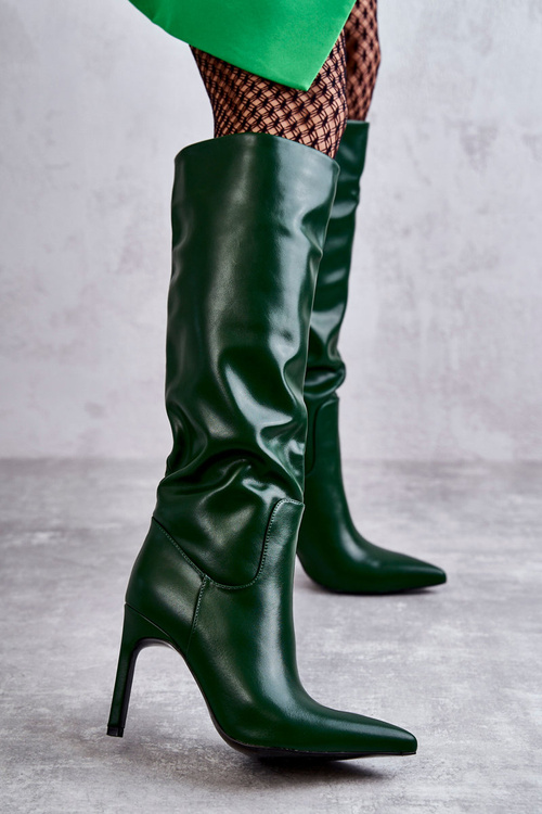 Шкіряні Чоботи На Шпильці Зелена Риса