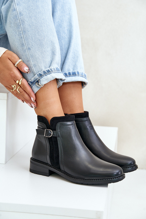 Теплі жіночі ботильйони на низькому ходу та блискавці з екошкіри Taitha чорного кольору