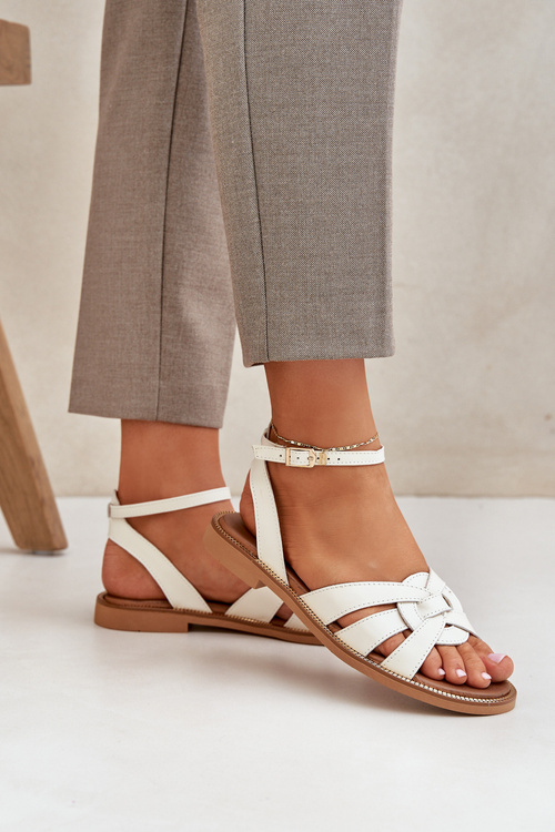 Шкіряні Жіночі Сандалі На Плоскому Каблуці Zazoo 3688 Ecru