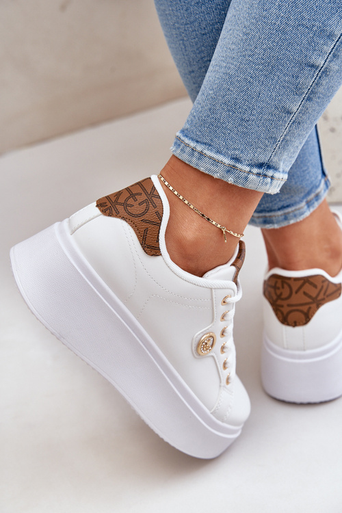 Еко Шкіряні Кросівки На Платформі З Золотим Детом Біло-Коричневі Zingie