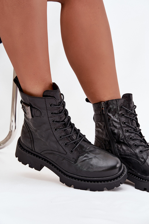 Шкіряні жіночі ботильйони з ефектом м'яття та пряжкою Artiker 57C1008 Чорні