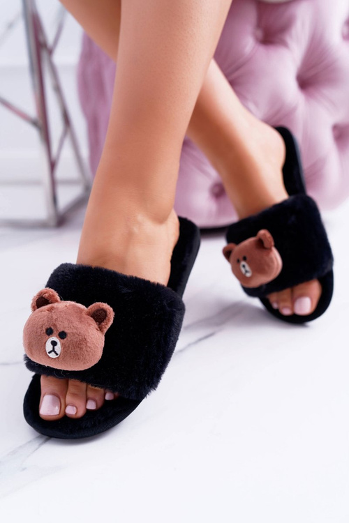 Жіночі чорні плюшеві шльопанці з ведмедиком Lu Boo