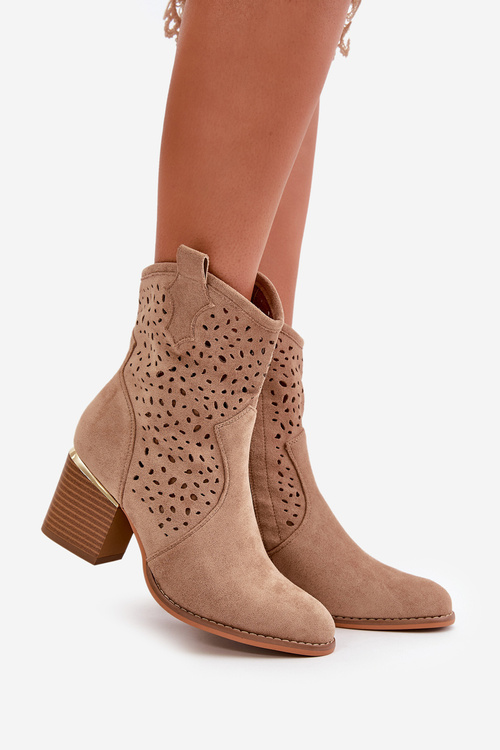 Ажурні ботильйони на каблуці з еко замші на блискавці темно-бежеві Sevana