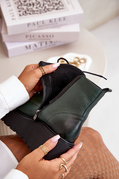 Zazoo 60499 Жіночі черевики на платформі та танкетці утеплені натуральна шкіра темно-зелені