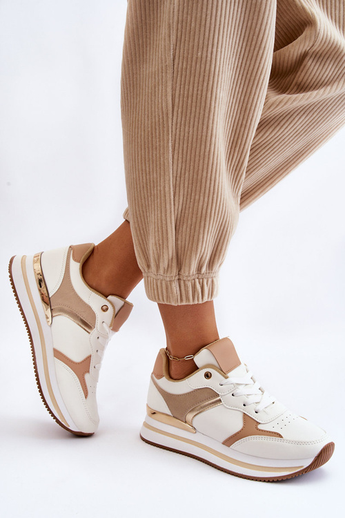 Жіночі модні спортивні туфлі на танкетці біло-бежеві Yuki