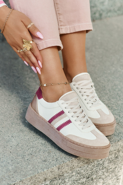 Шкіряні Жіночі Кросівки На Платформі Zazoo N1234 Бежево-Червоні