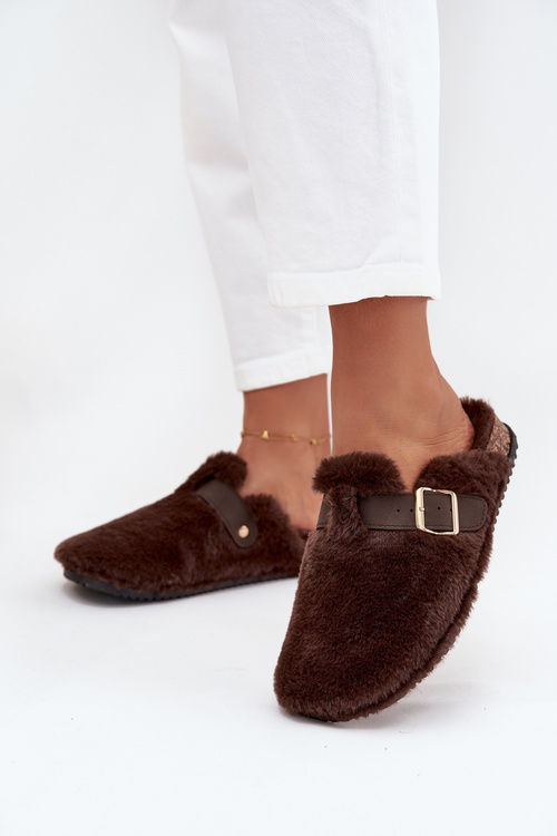 Жіночі хутряні капці на платформі з ремінцем і пряжкою коричневі Noraline