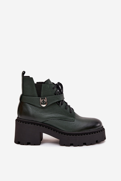 Шкіряні жіночі чоботи на каблуці з декоративним ремінцем ізольовані Zazoo 60557 Темно-зелений