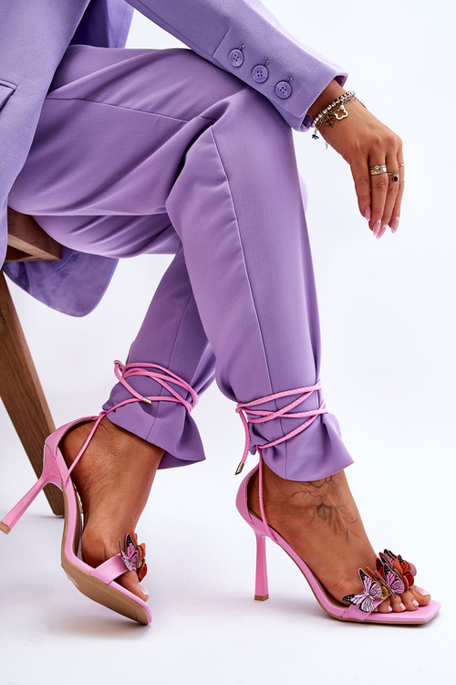 Босоніжки на зав'язках на шпильці з метеликами Рожеві Delmar