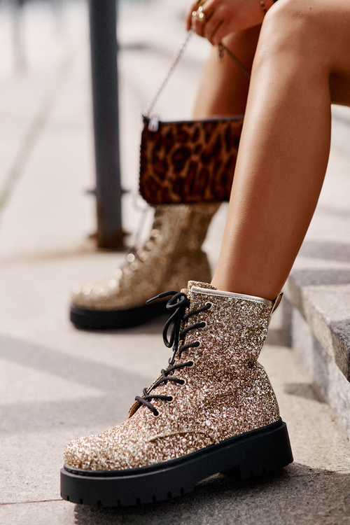 Утеплені жіночі робочі черевики, прикрашені блискітками золотого ліатеїну