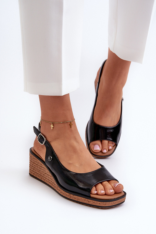 Жіночі лаковані босоніжки на танкетці Sergio Leone SK301 Чорні