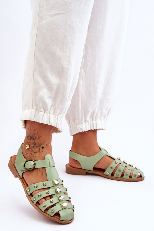 Жіночі босоніжки на плоскій підошві з цирконами Ascot зеленого кольору