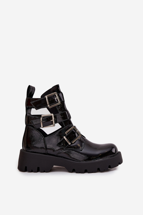 Лаковані жіночі чоботи з ремінцями та срібними зажимами Чорні Helisse