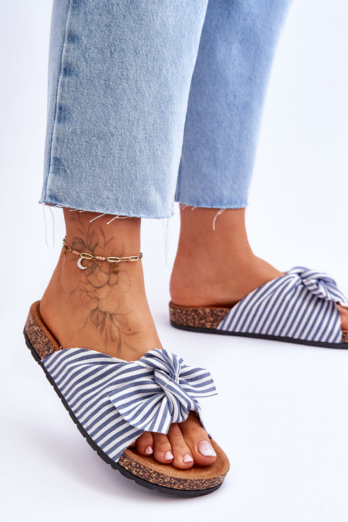 Святкові шльопанці на корковій платформі з біло-блакитними смужками