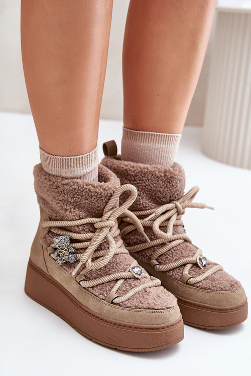 Жіночі зимові черевики з декором і хутром ягняти коричневого кольору Almatiza