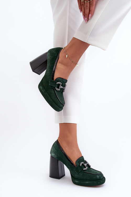 Шкіряні туфлі на підборах Laura Messi 2706 темно-зелені